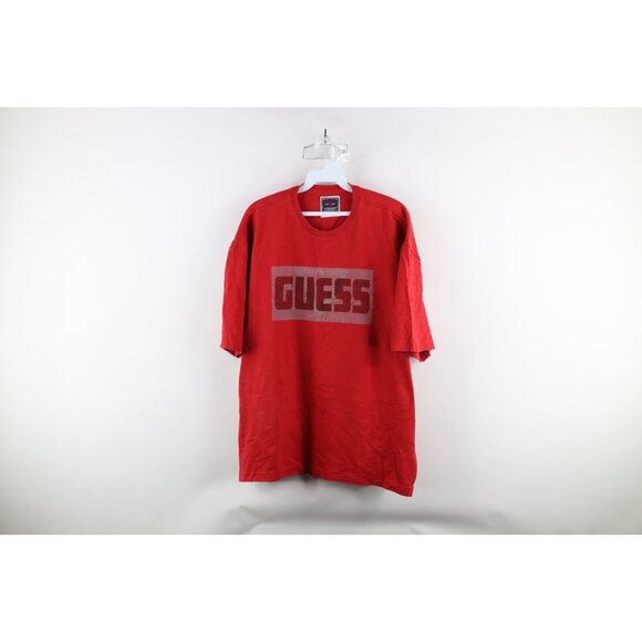 Vintage 90s Guess Mens 2XL Distressed Spell Out Box Logo Trippy T-Shirt Red - Picture 1 of 11
